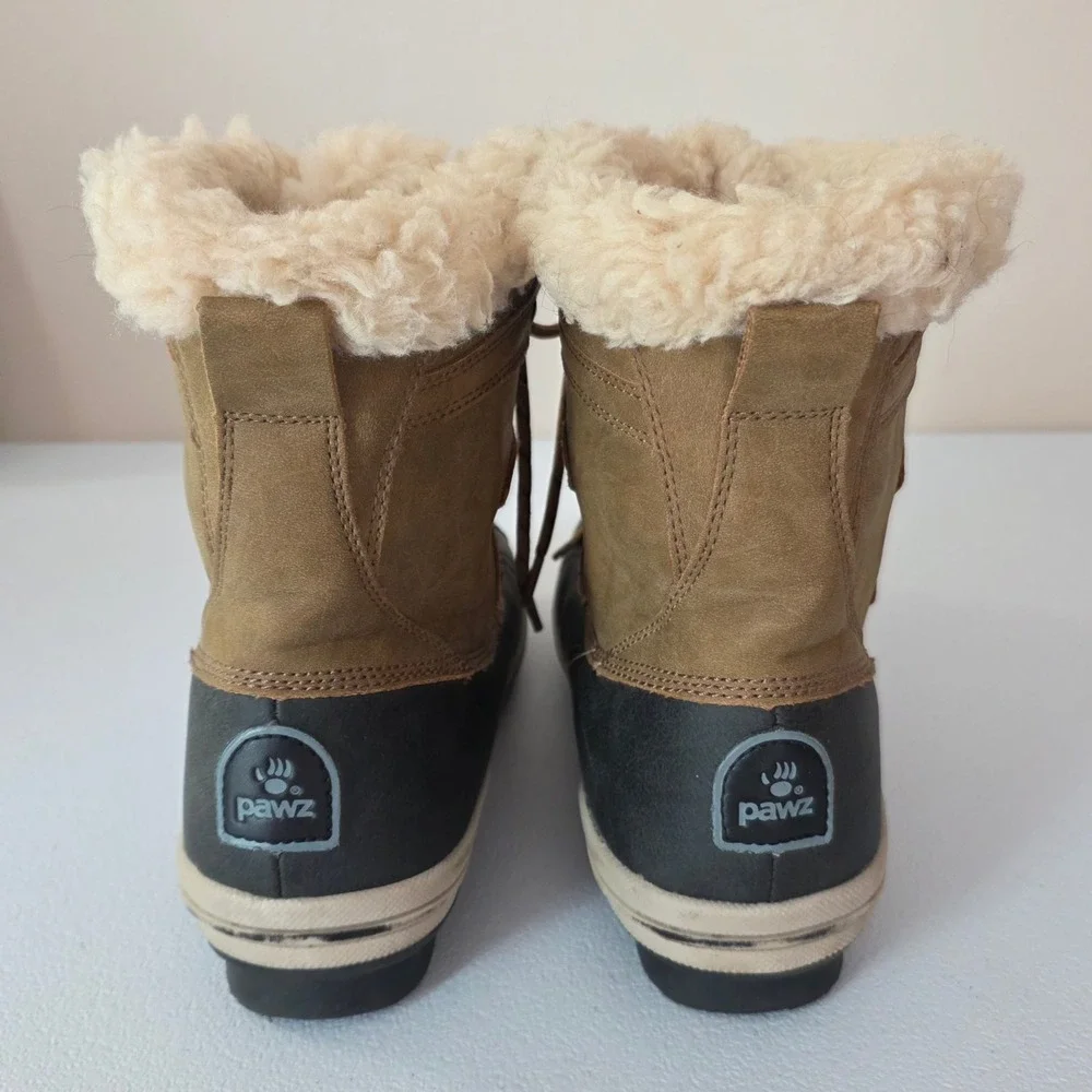 Pawz Gina Snow Boots Women Size 9 Tan Black Faux Leather Wool Blend Sherpa Lined